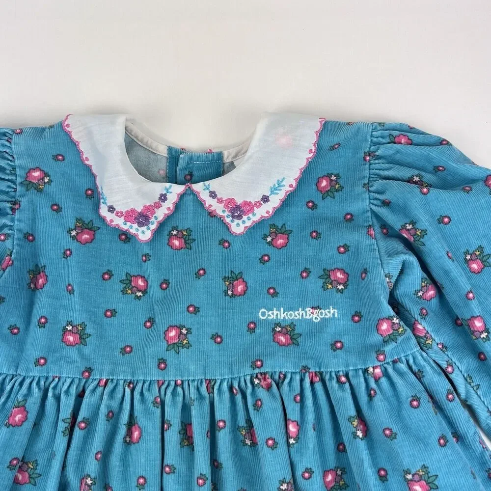 OSHKOSH B'GOSH Corduroy Long Sleeve Dress VTG 90s Floral Blue Kids Youth Girl 6